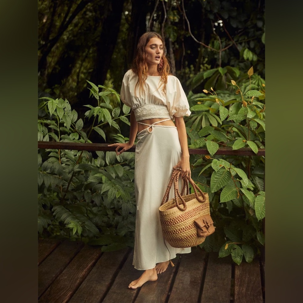 Johanna Ortiz Mother Nature Cotton Blend Midi Skirt in Ecru